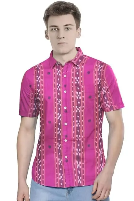 NUAPATANAPATA Odisha Handloom 100% Organic Sambalpuri Ikat Cotton Half Shirt for Men (Multicolor) 532