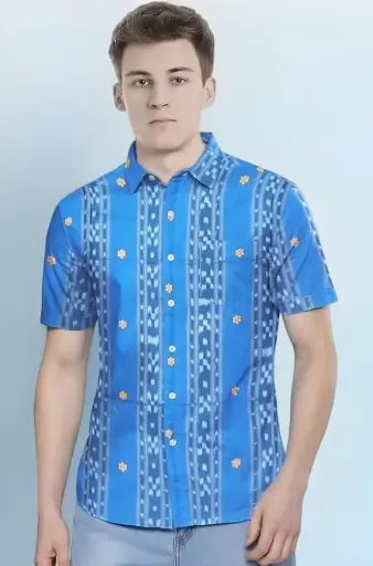 NUAPATANAPATA Odisha Handloom 100% Organic Sambalpuri Ikat Cotton Half Shirt for Men (Multicolor) 91